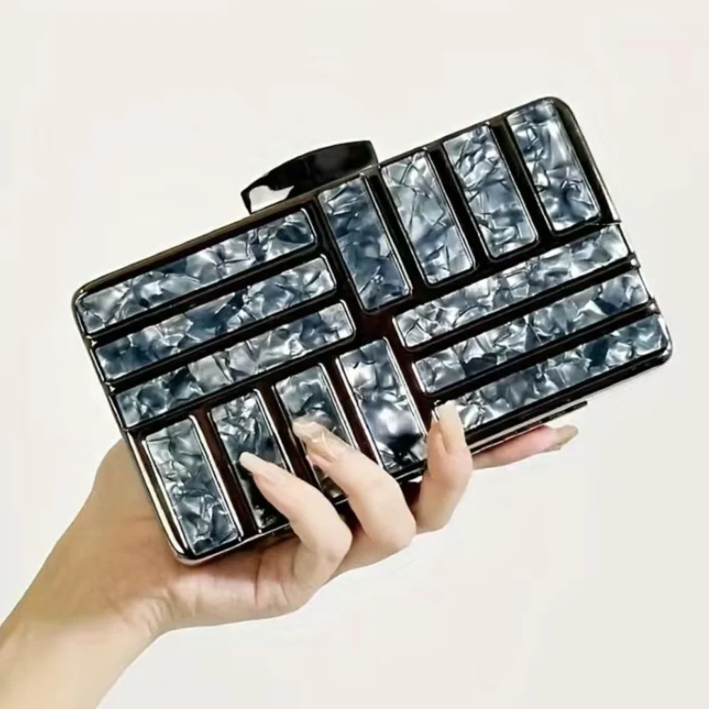 Pearlescent Rectangular Box Clutch in White and Silver